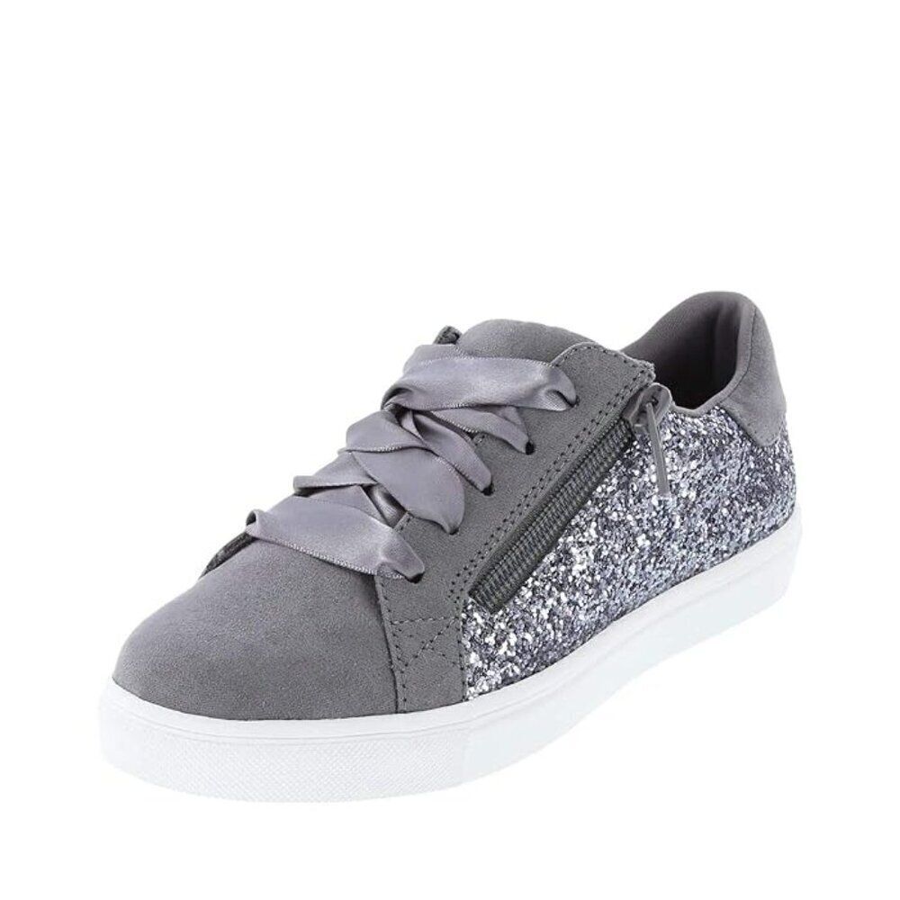 Brash Glitter Side Zip Fashion Sneakers Gray Youth Size 4 Womens 6 Casual Preppy